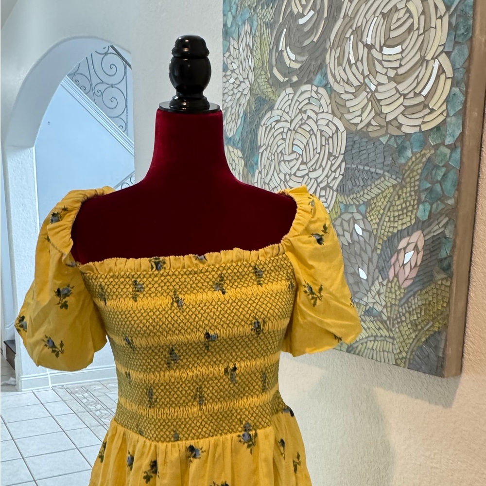 NWT Sz S Anthropologie Puff Sleeve Square Neck Smocked Yellow Floral Mini Dress